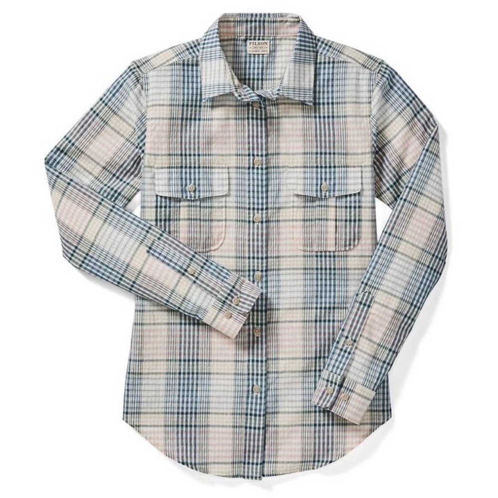 Filson Women's Conway Linen Blend Shirt Linen Navy Cream Plaid Size Small